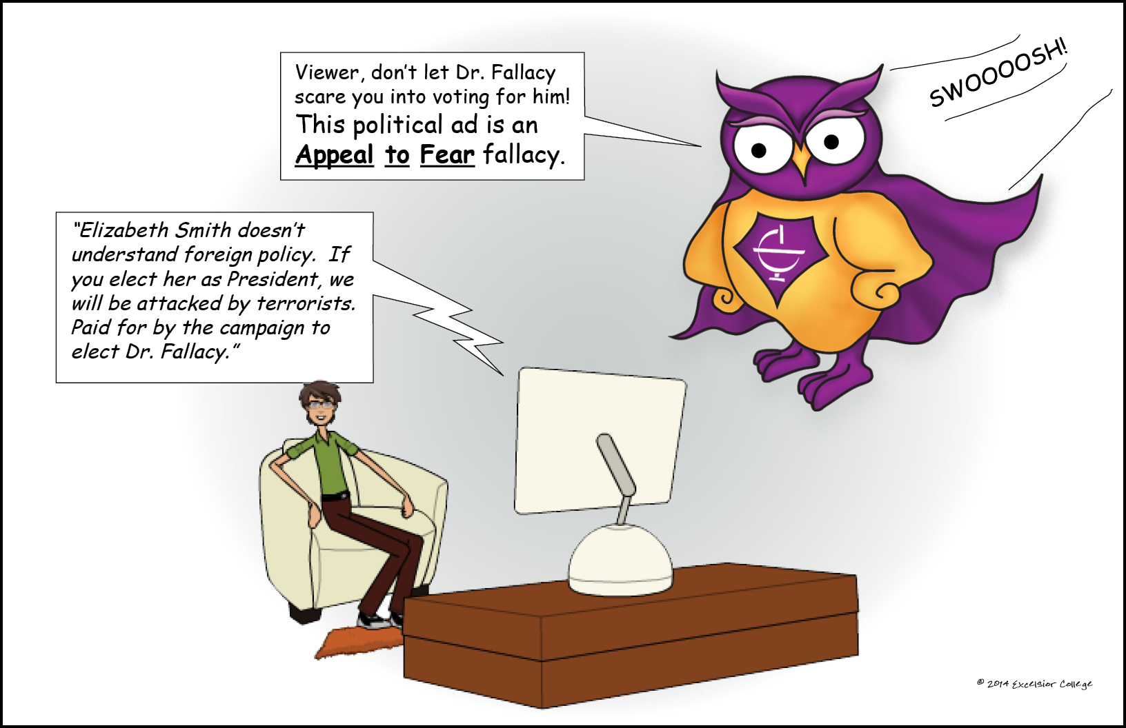 Appeal to Fear logical fallacy comic with the evil Dr. Fallacy