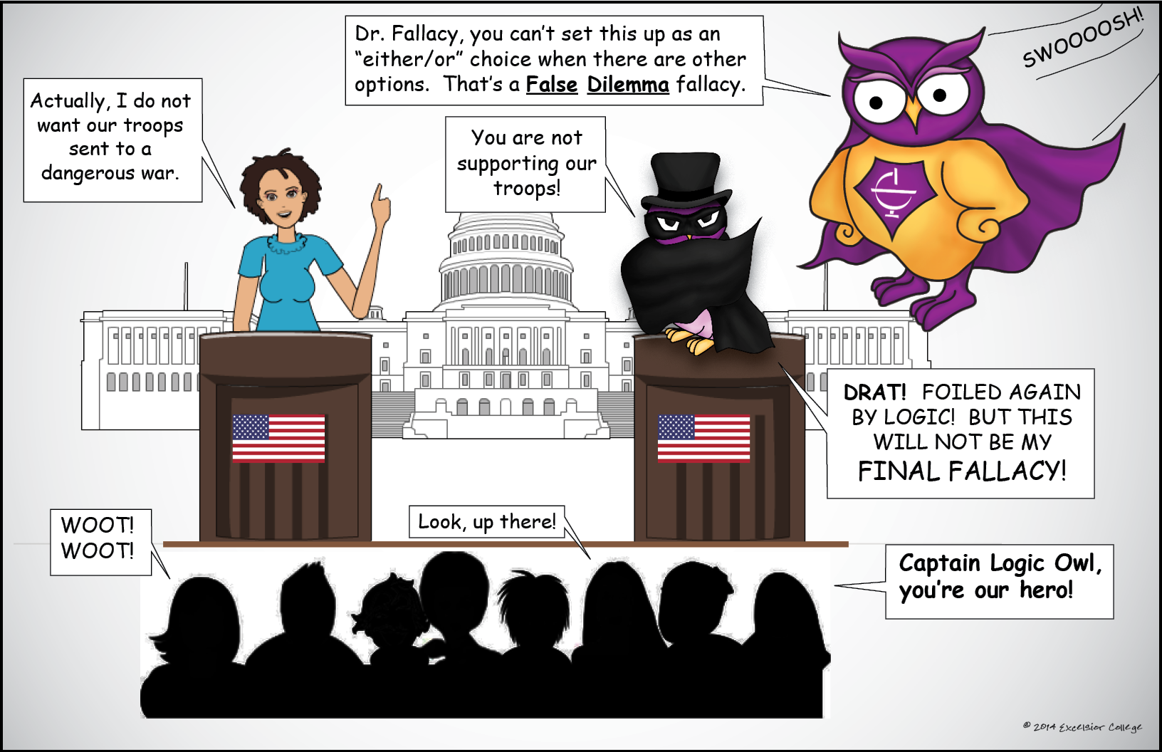 False Dilemma logical fallacy comic with the OWL Superhero