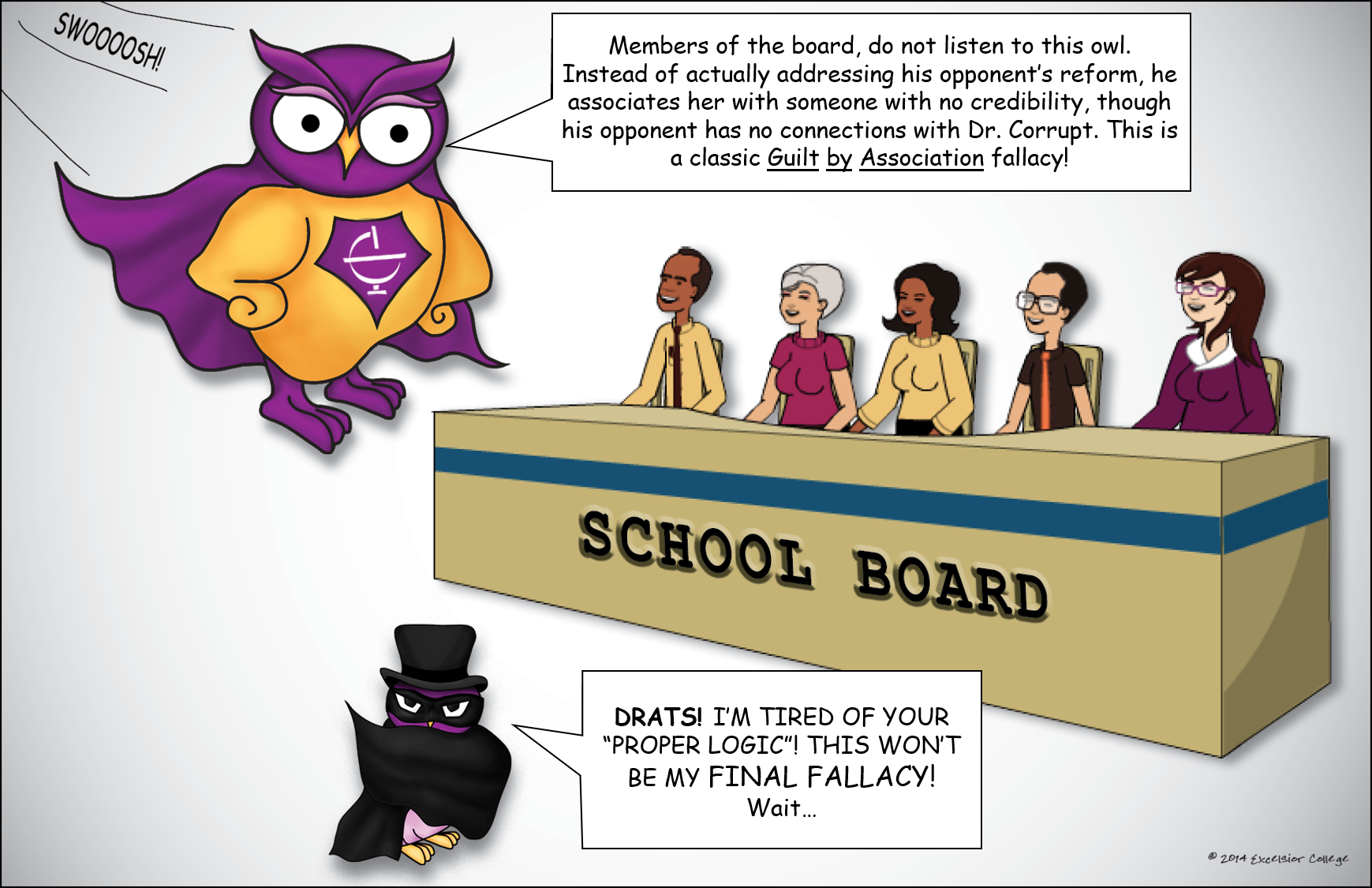 Guilt by Association logical fallacy comic with the OWL Superhero