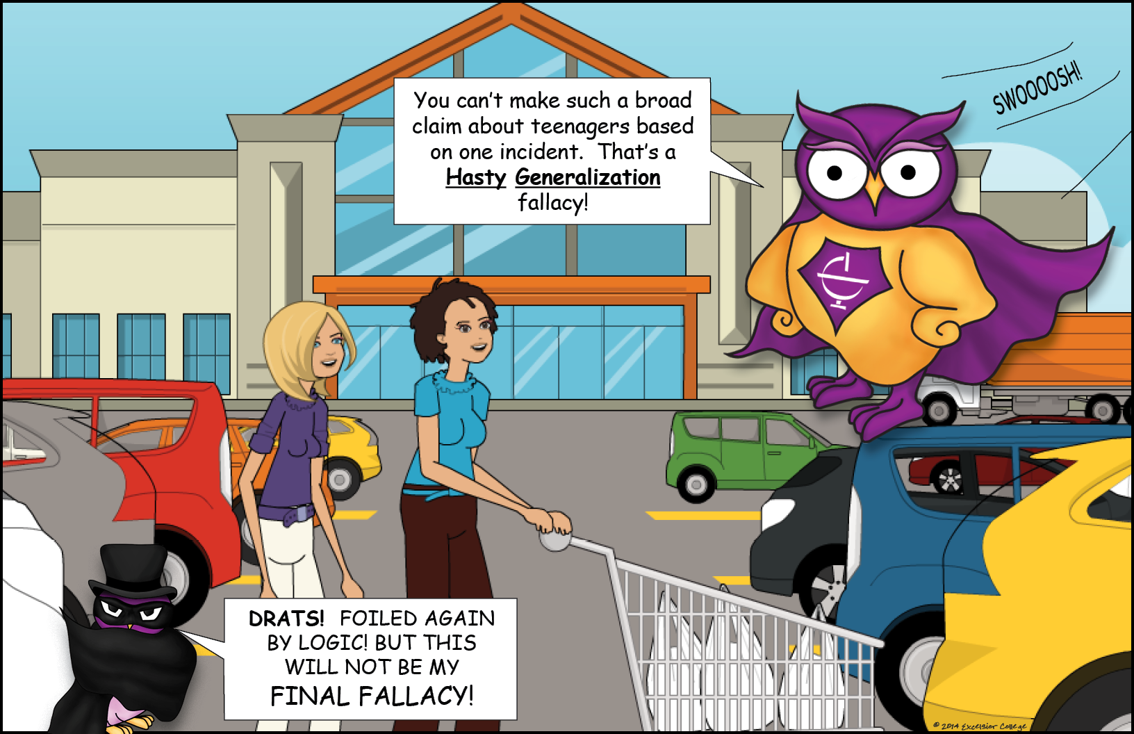 Hasty Generalization logical fallacy comic with the OWL Superhero