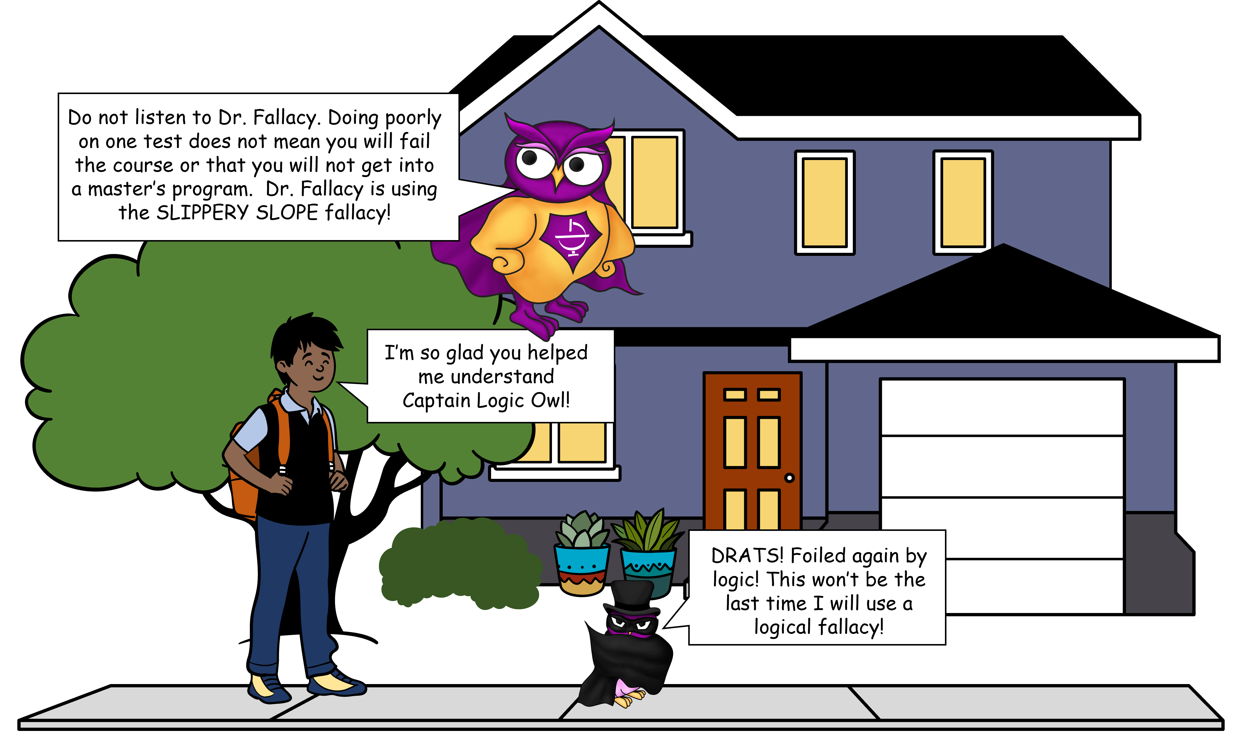 Slippery Slope logical fallacy comic with the OWL Superhero