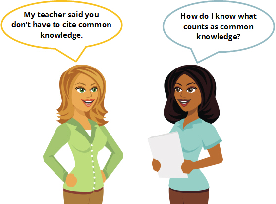 Conversation between two women. One woman says "My teacher said you don't have to cite common knowledge." The other woman says "How do I know what counts as common knowledge."
