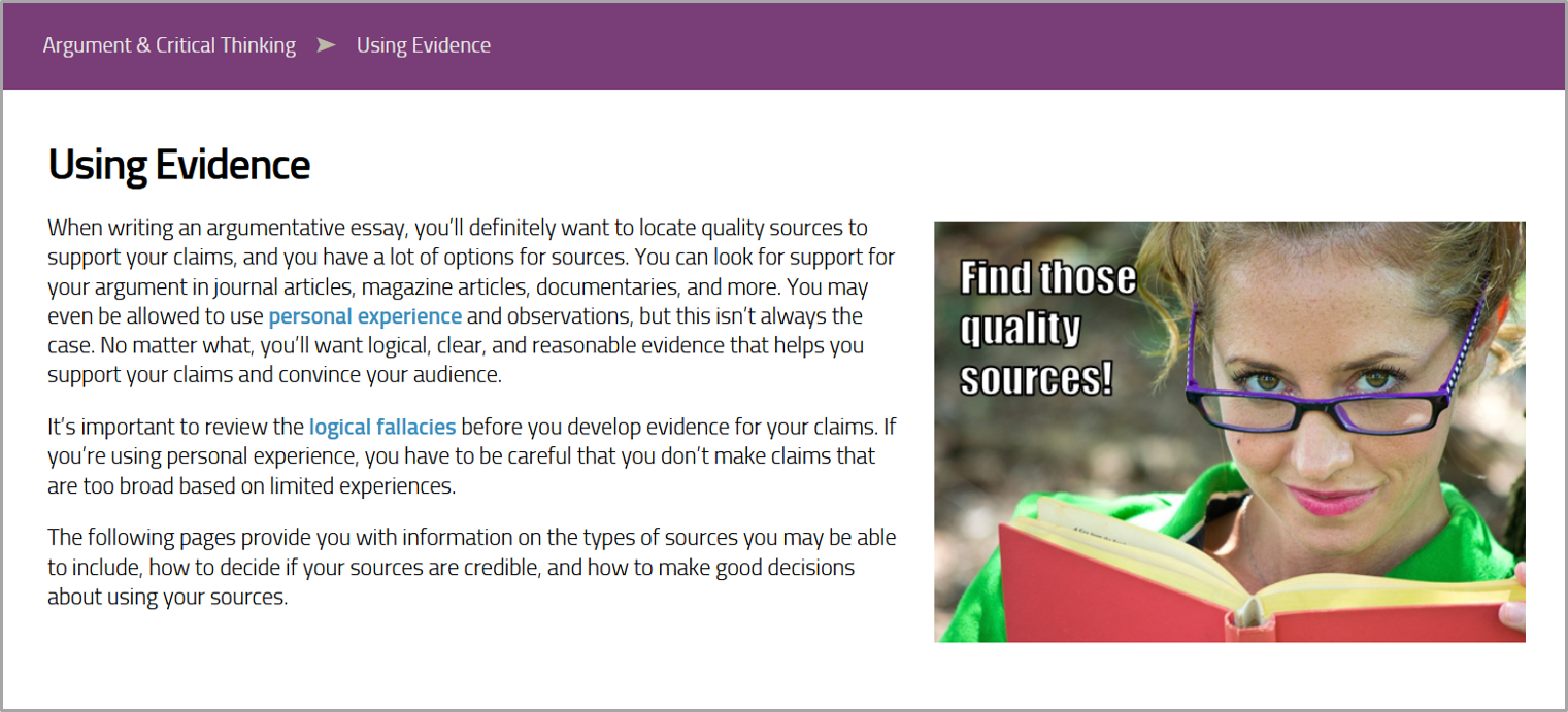 Screenshot of Using Evidence page