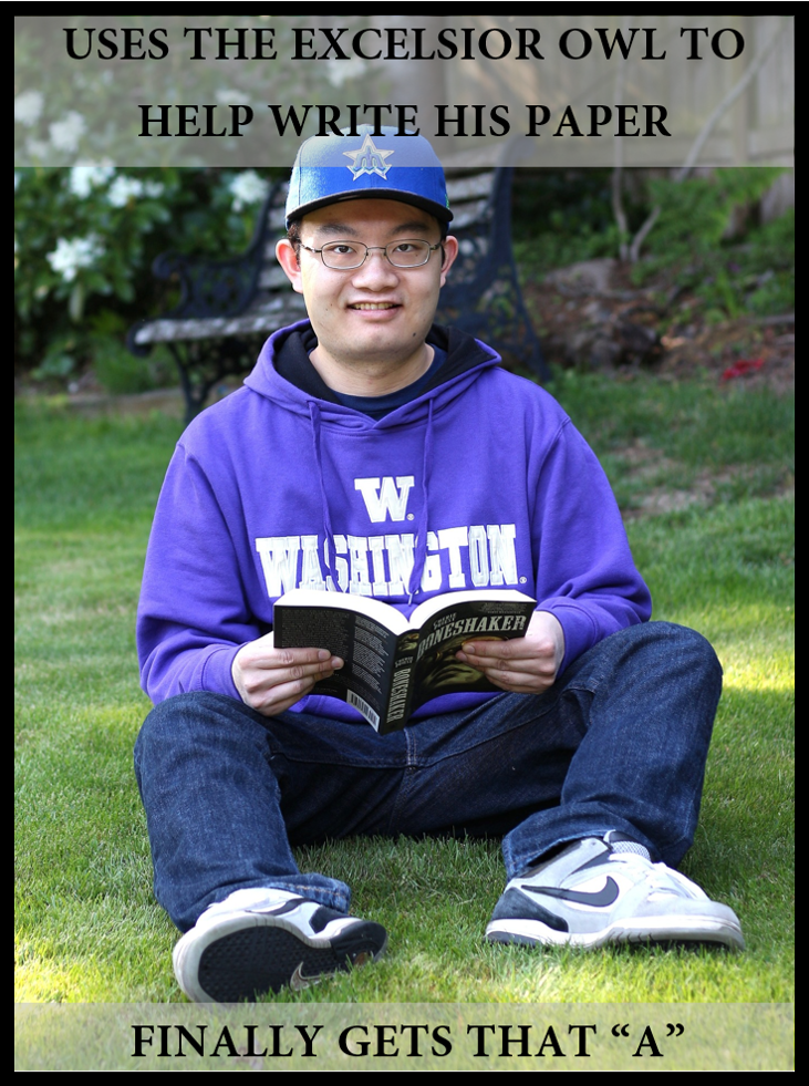 A man holding a book. Caption of the photo says: Uses the Excelsior OWL to help write his paper Finally gets that "A"