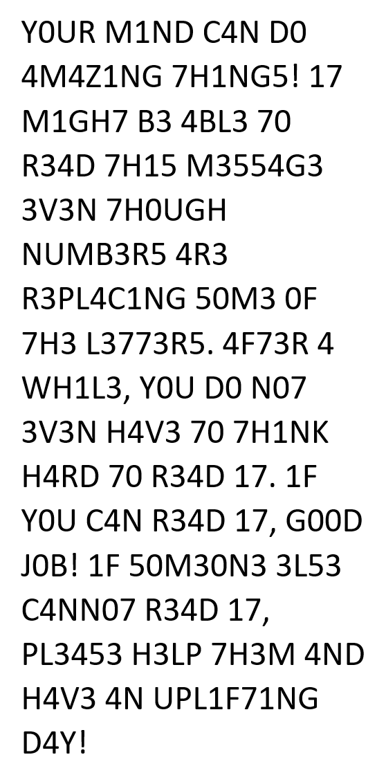 A paragraph that is written with a mixture of letters and numbers in place of letters.