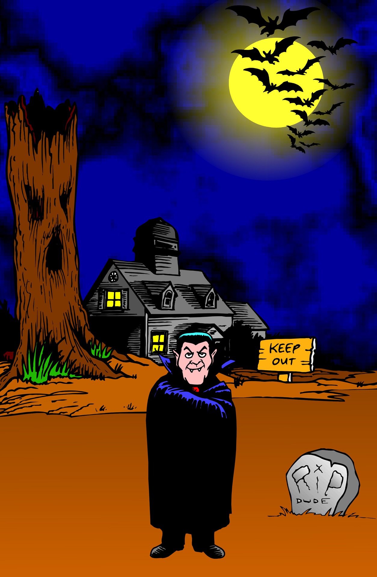 A cartoon of a vampire in the moonlight.