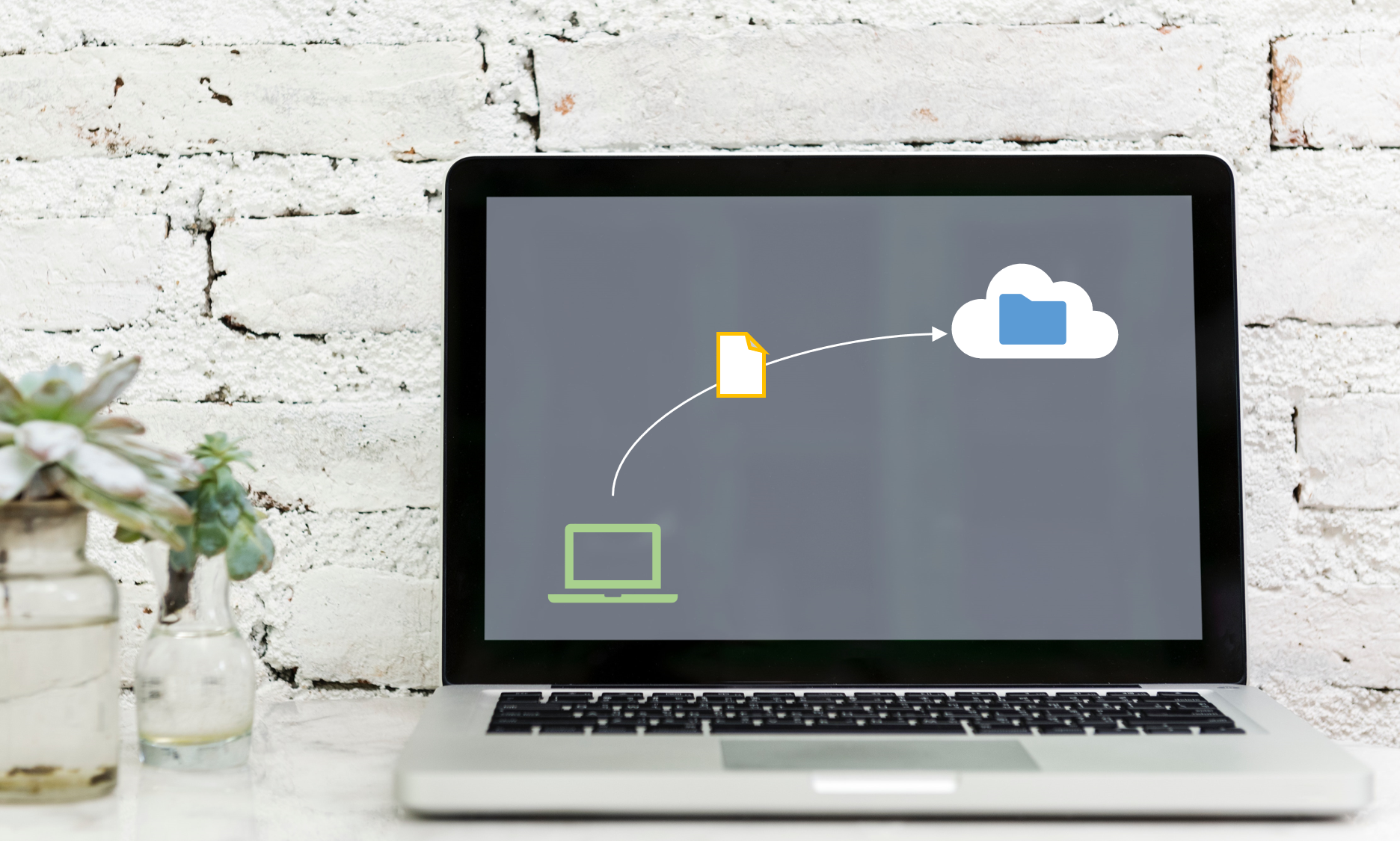 a computer that shows a file being uploaded to the cloud