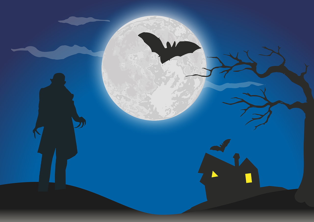 A illustration of a vampire looking at a house in the moonlight