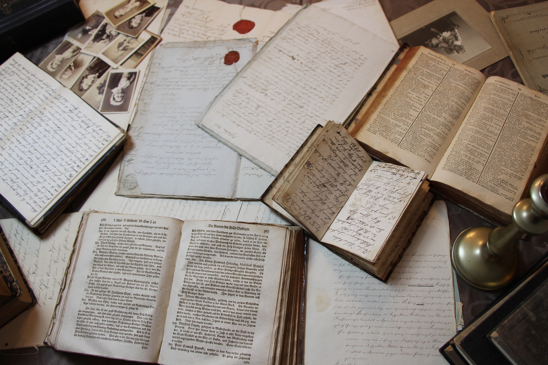 Many old books, photos, and documents