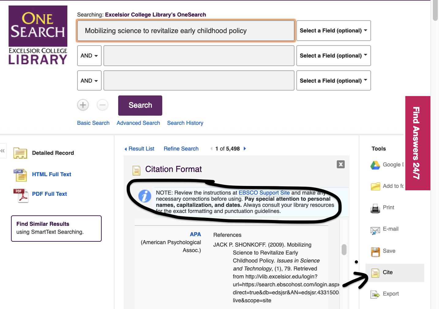 Screenshot of Library database of EBSCO disclaimer regarding citations.