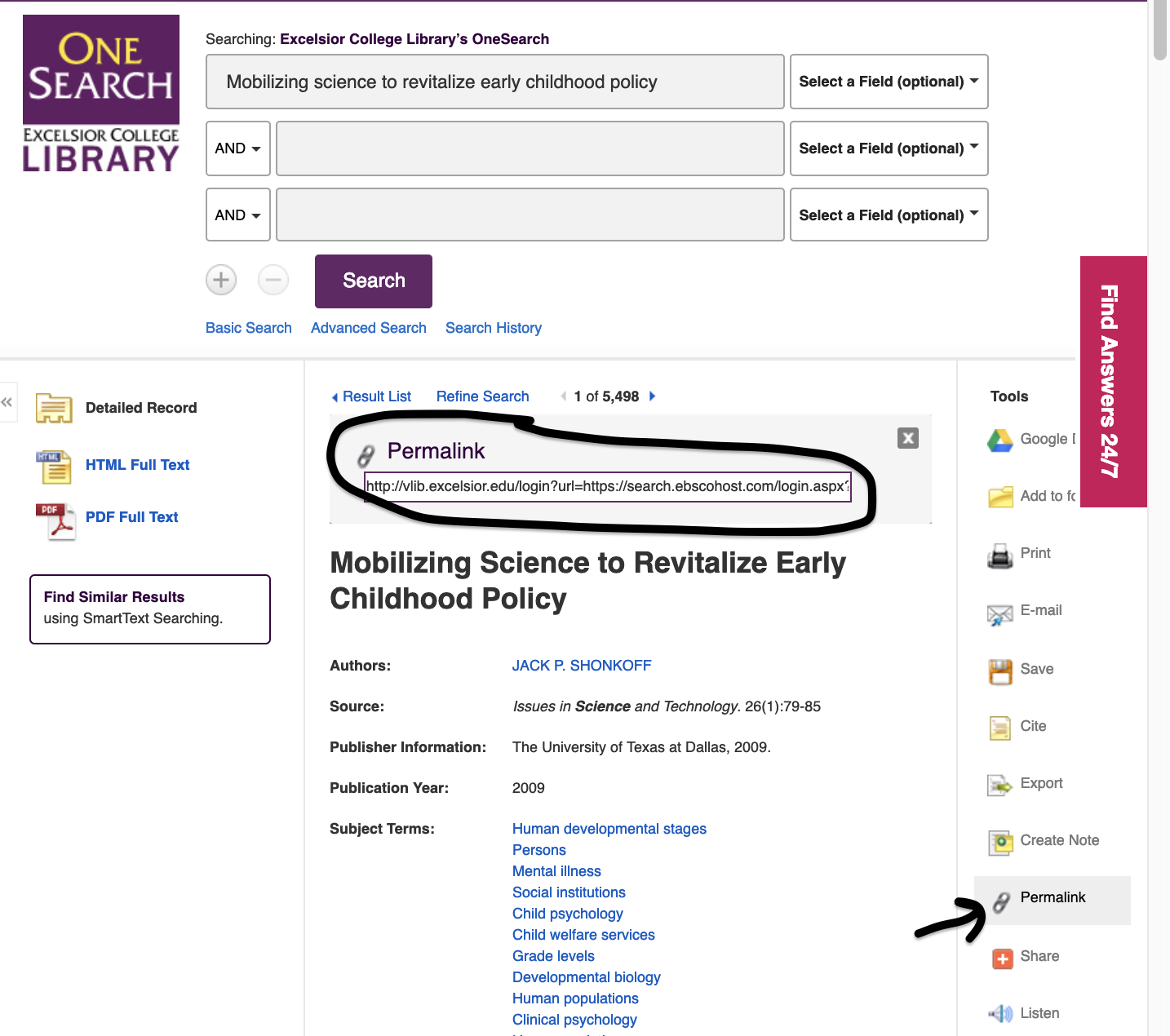 Screenshot of Library regarding permalink.