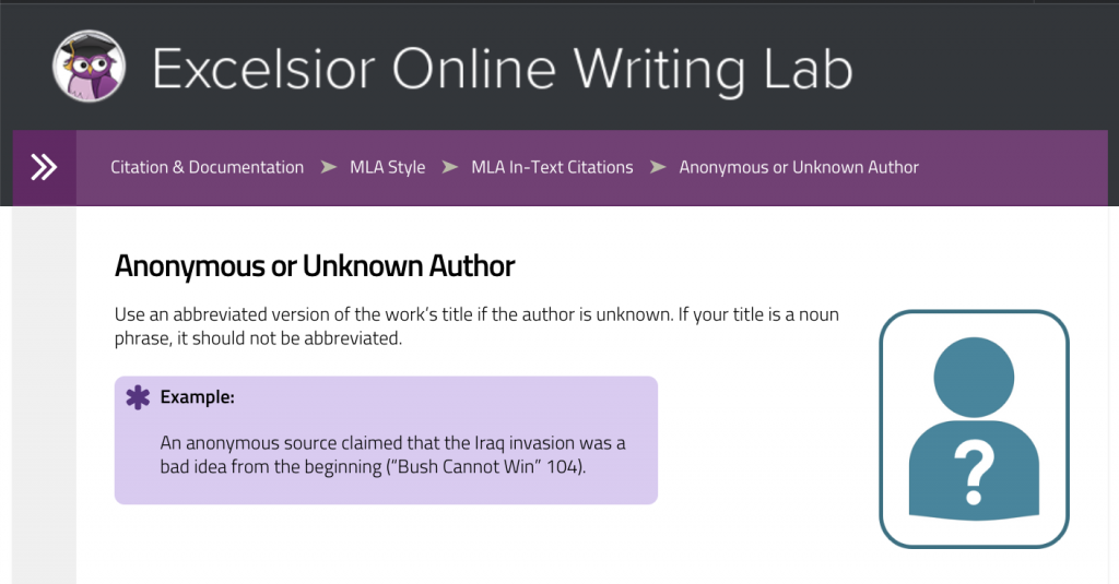 Imagen de captura de pantalla de laboratorios de escritura en línea ejemplo de citación de página web para MLA con autor desconocido.