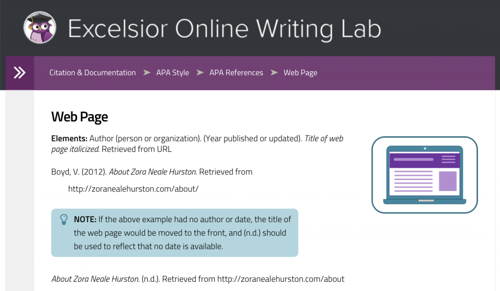Imagen de captura de pantalla de laboratorios de escritura en línea ejemplo de citación de página web para APA respecto a autor conocido o desconocido.