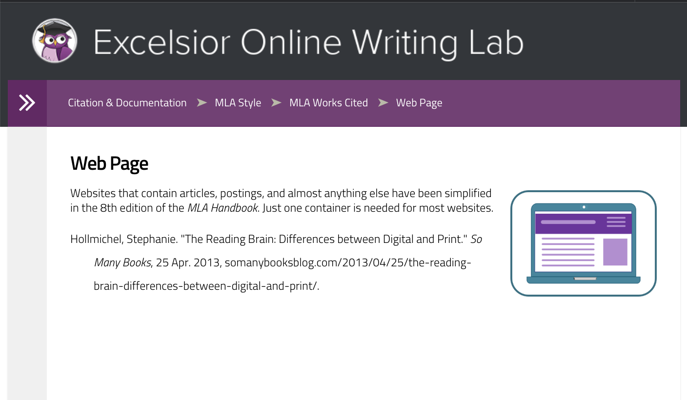 Image of screenshot of online writing labs example of web page citation MLA style with known author.