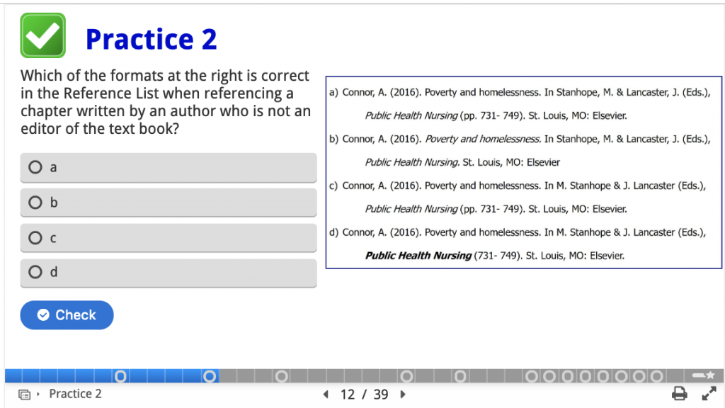 Imagen de una captura de pantalla de un ejemplo de pregunta de práctica y ejemplo de lista de referencias.