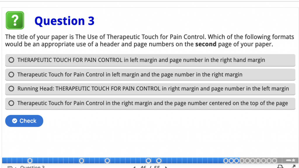 Image of screen shot of an example of quiz questions for formatting in APA style.