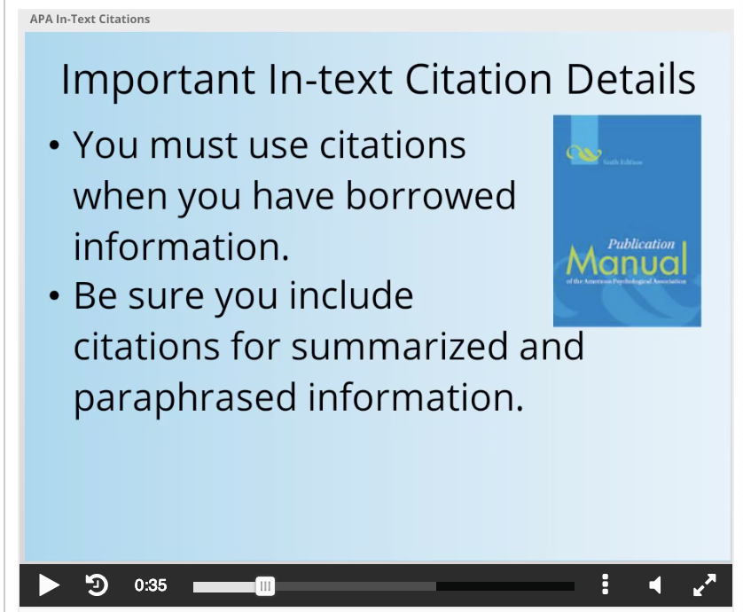 Screenshot of APA In-Text Citation video regarding summarizing and paraphrasing.