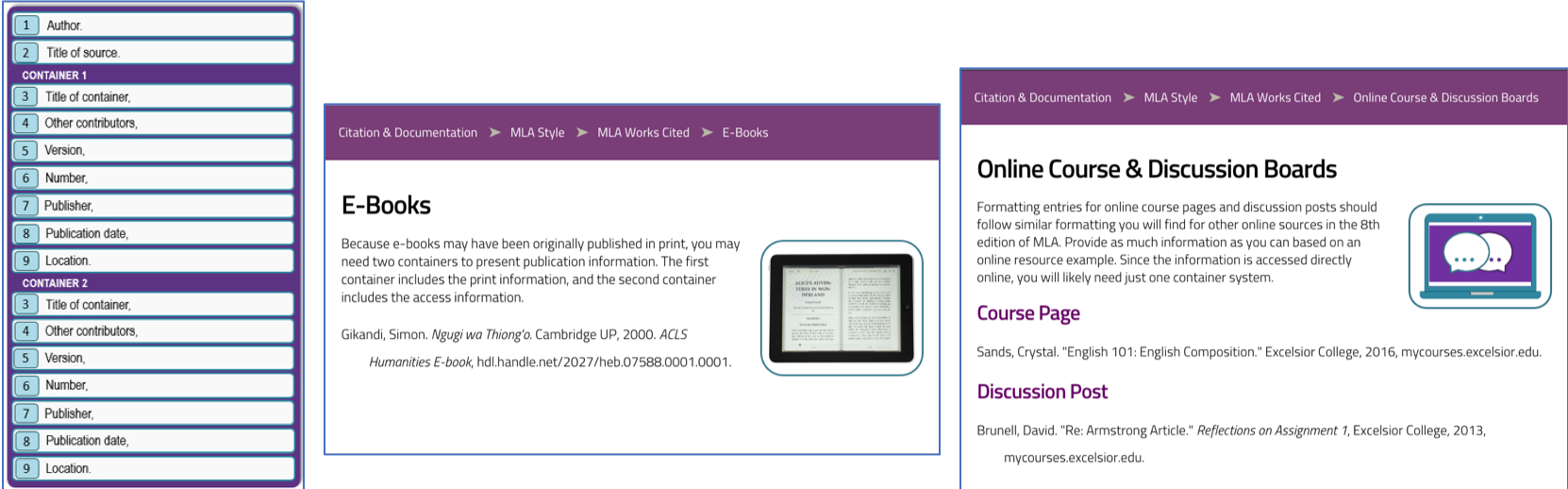 Screenshot image of examples of MLA citation and container.
