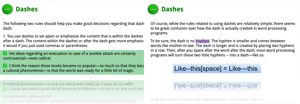 Screenshot of Grammar Refresher: Dashes and Hyphens tutorial regarding rules of using dashes and how they differ from hyphens.