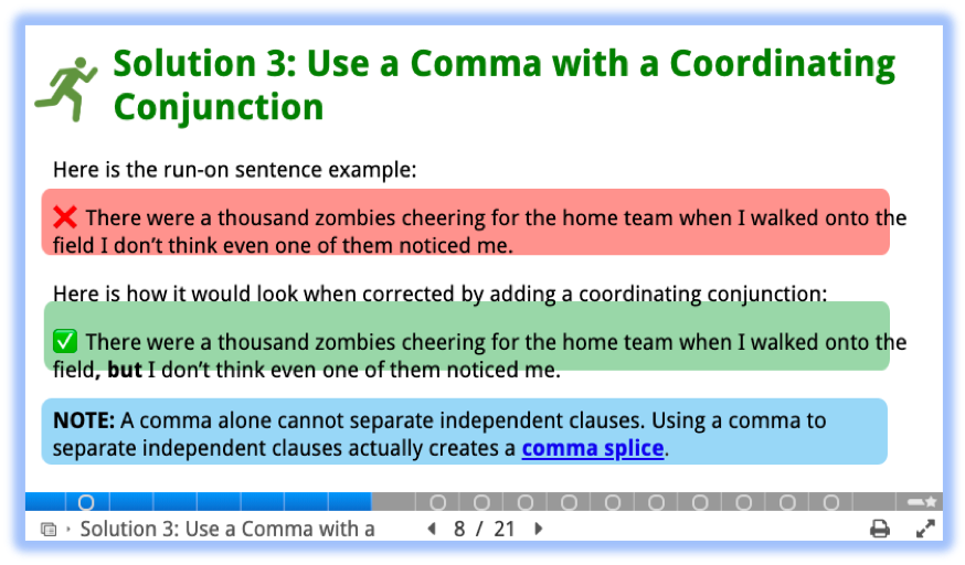 Captura de pantalla de una solución y palabras de advertencia sobre la adición de comas.