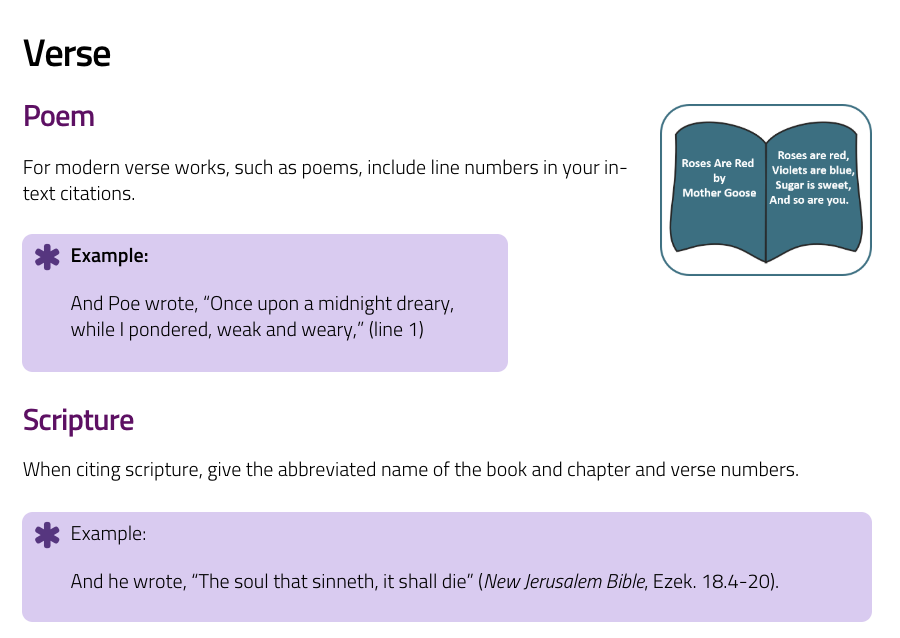 Screenshot of how to cite a verse from a poem or scripture in MLA
