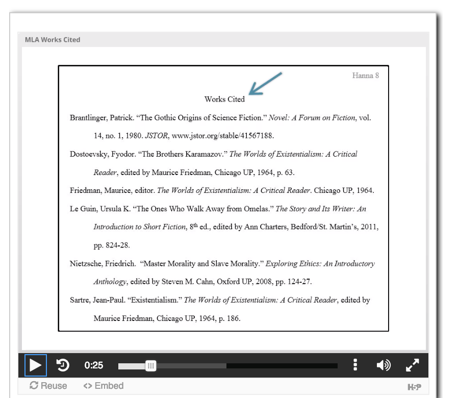 Screenshot of MLA Style Demo video regarding Works Citied