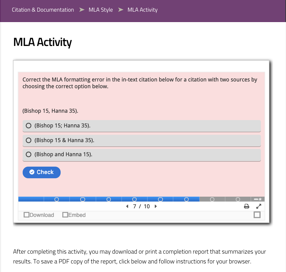 Screenshot of MLA Activity quiz question regarding in-text citation with two sources.