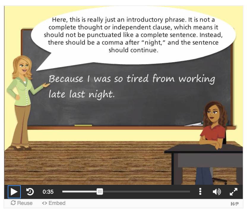 Screenshot from Tips from the Professor tutorial for sentence fragments.