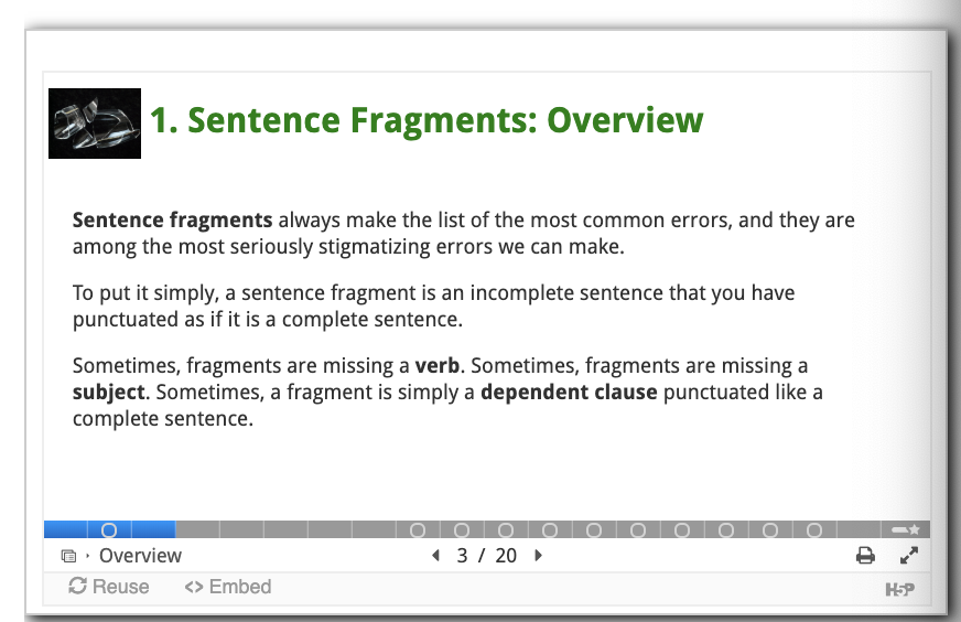 Screenshot of sentence fragment: overview slide.