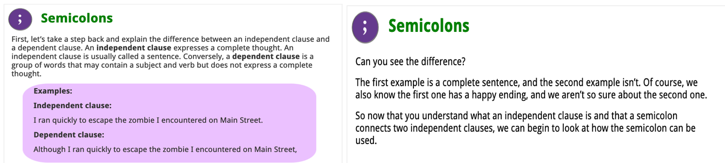 Screenshot of tutorial for semicolons.