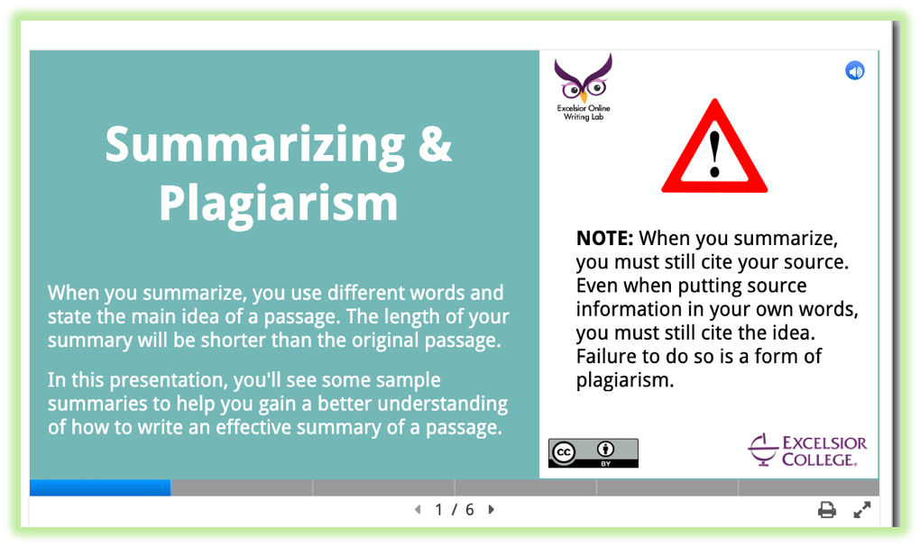 Screenshot of Summarizing & Plagiarism tutorial’s first slide.