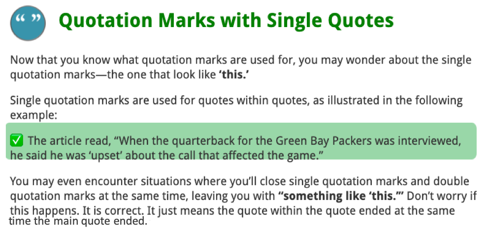 Screenshot of slide regarding quotation marks with single quotes slide.