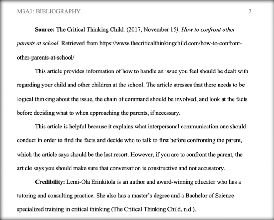 Captura de pantalla de un ejemplo de bibliografía anotada proporcionada por OWL y Ginger Hamblin en formato APA.