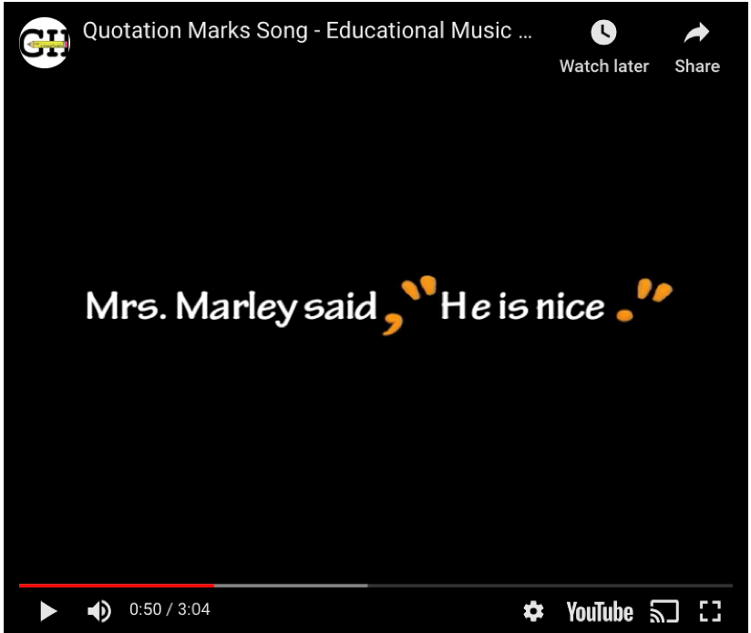 Screenshot of Quotation Marks Song – Education Music (Grammarheads, 2012, 0:50).