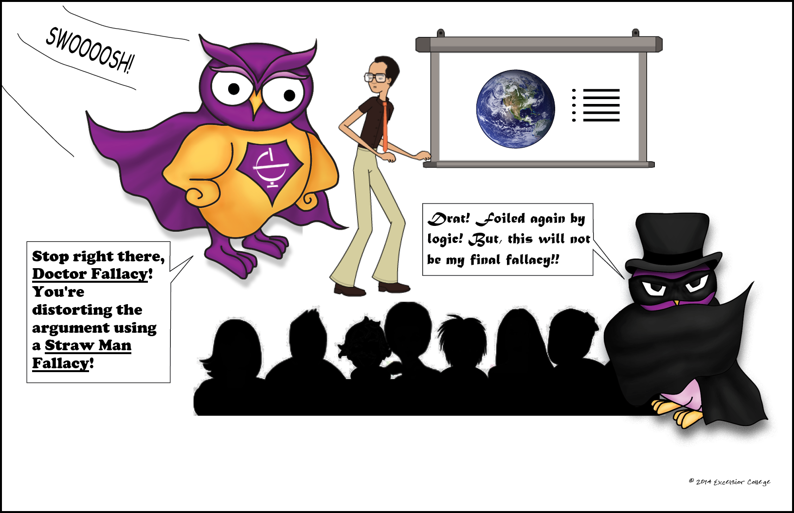 Straw man logical fallacy comic with the OWL Superhero.