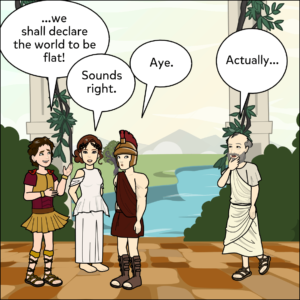 A group of philosophers discuss a logical fallacy.