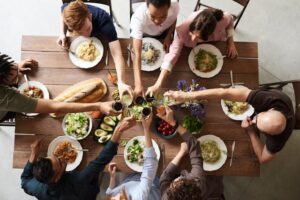 A group of friends at a dinner party.